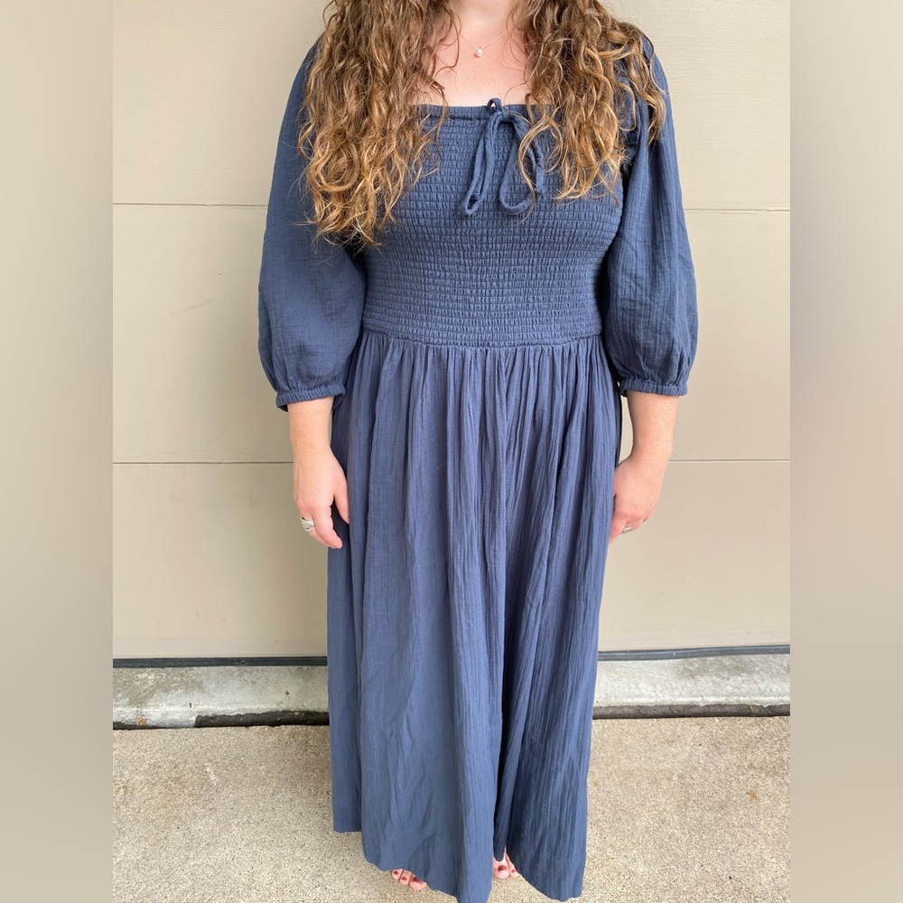 Quince Organic Long Sleeve Slate Blue Smocked Dress